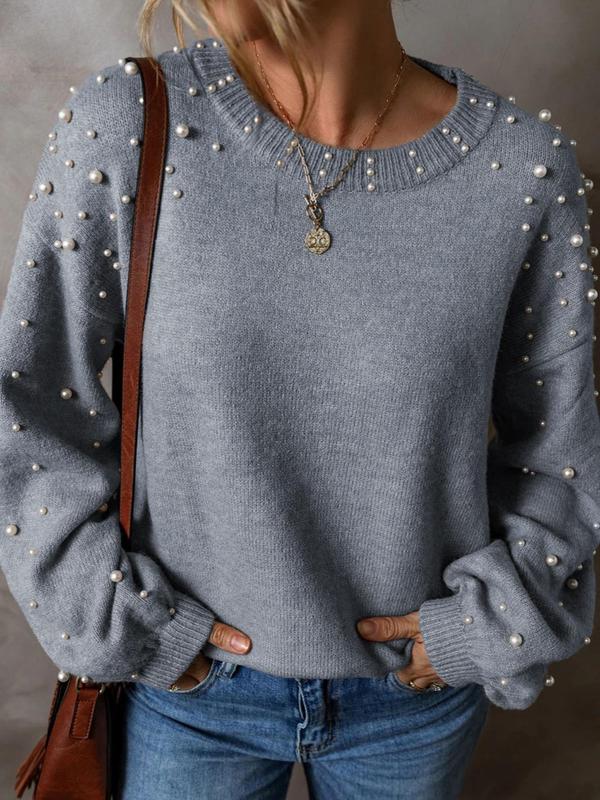 Women's Faux Pearl Decor Drop Shoulder Sweater, Casual Aesthetic Chic Long Sleeve Round Neck Jumper for Fall & Winter, Fashion Ladies' Knitwear for Daily Wear, Fall Womenswear