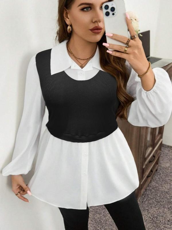  2 in 1 Striped Patchwork Print Button Front Blouse, Casual Bishop Sleeve Collared Top for Fall & Winter, Women's Long Sleeve Clothes for Daily Wear Comfy Mom Outfits 2024