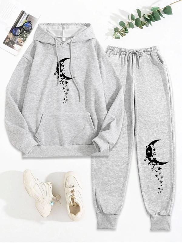 Women's Moon Print Long Sleeve Hoodie & Drawstring Waist Sweatpants Two-piece Set, Casual Drop Shoulder Hooded Sweatshirt & Pocket Pants for Fall & Winter, Women's Clothes for Daily Wear