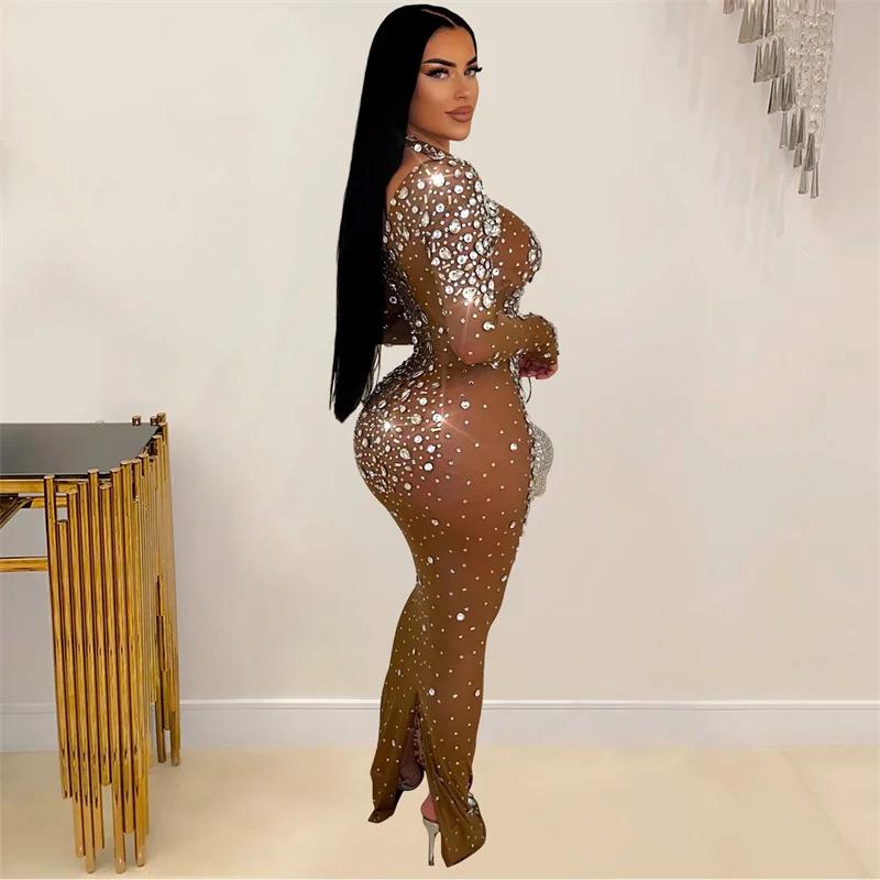 New Women Long Sleeve O Neck Bodycon Sheer Mesh Diamonds Long Sexy Party Dresses Big Rhinestone Night Club Elegant Evening Dress