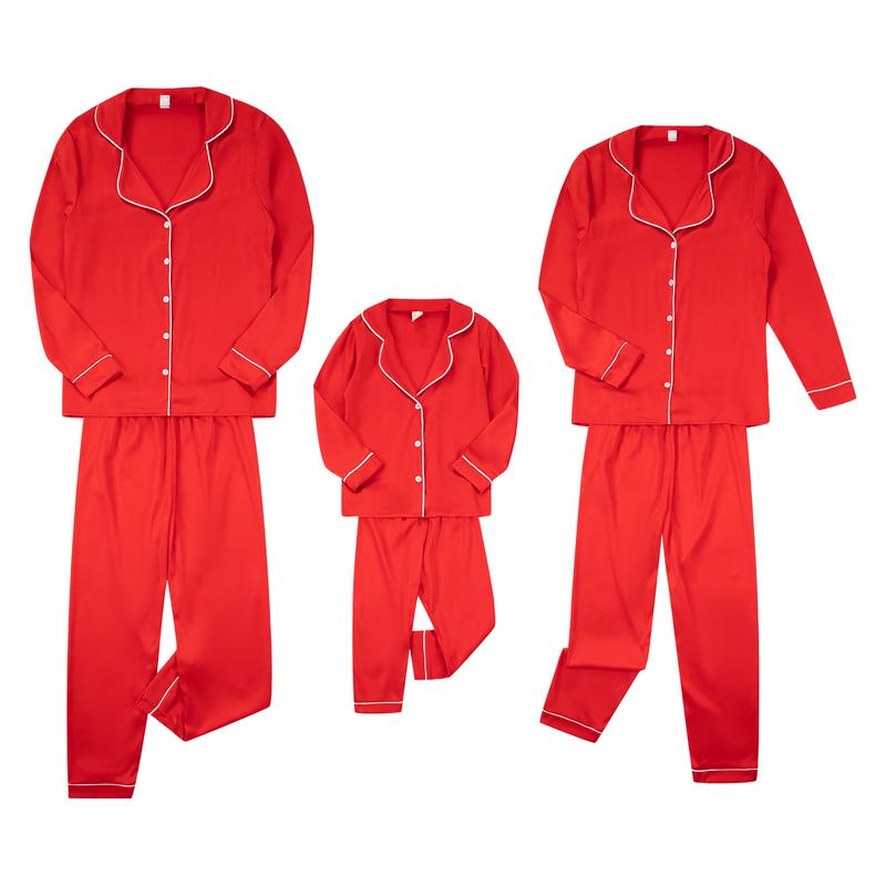 2024 New Satin Face Parent-child Outfit Pajamas, Solid Color Long Sleeve Lapel Single-breasted Xmas Pj's Clothes Homewear Sleepwear Loungewear Nightwear for Mother Father Kid