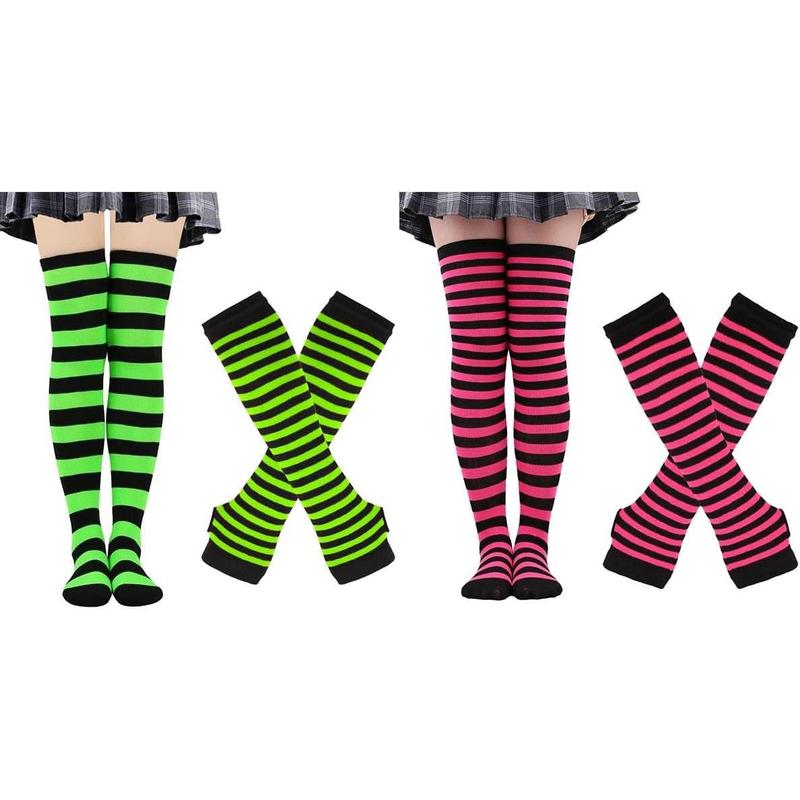 4 Pairs Womens Striped Arm Warmers Goth Y2K Knitted Fingerless Gloves with Long  High Socks Set