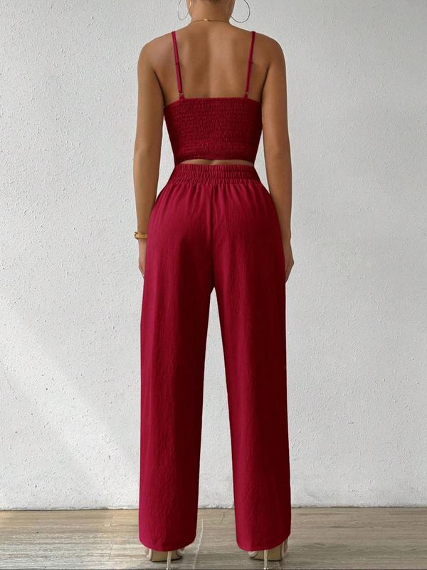 Women's Solid Shirred Crop Cami Top & Tie Front Wide Leg Pants Two-Piece Set, Casual Fashion Cozy Two Piece Outfits for Daily Outdoor Wear, Ladies Clothes for Summer