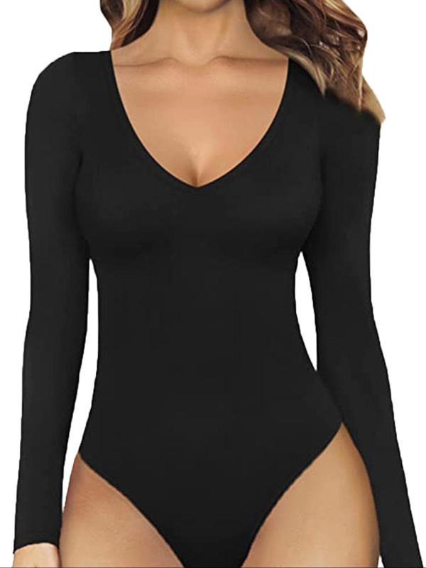 Women's Solid V Neck Long Sleeve Sports Bodysuit, 2024 New Style Casual Comfy Bodycon Bodysuit for Daily Wear, Ladies Sportswear for All Seasons