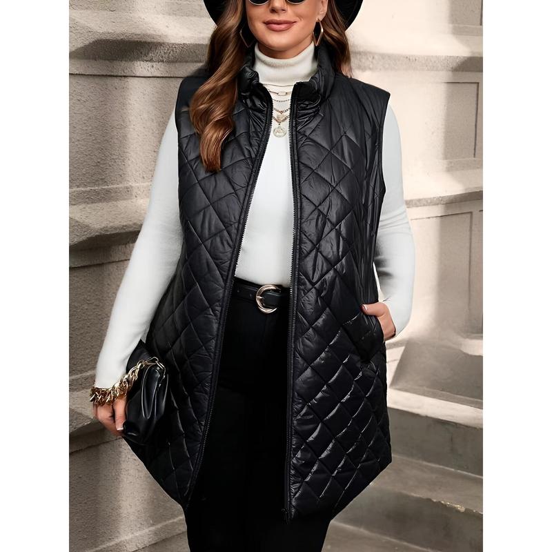 Plus size quilted puffer vest jacket with pockets, front zip, mandarin neck-casual polyester non-stretch solid winter outerwear