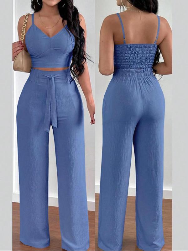 Women's Solid Shirred Crop Cami Top & Tie Front Wide Leg Pants Two-Piece Set, Casual Fashion Cozy Two Piece Outfits for Daily Outdoor Wear, Ladies Clothes for Summer