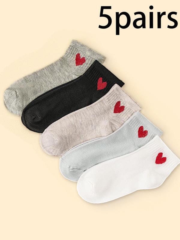 Women's 5 Pairs Heart Print Jacquard Ankle Socks, Lady Casual Style Soft Comfort Breathable Socks for Women, Multipack Low Cut Knit Crew Socks, Women's Comfortable Socks & Hosiery, Womenswear