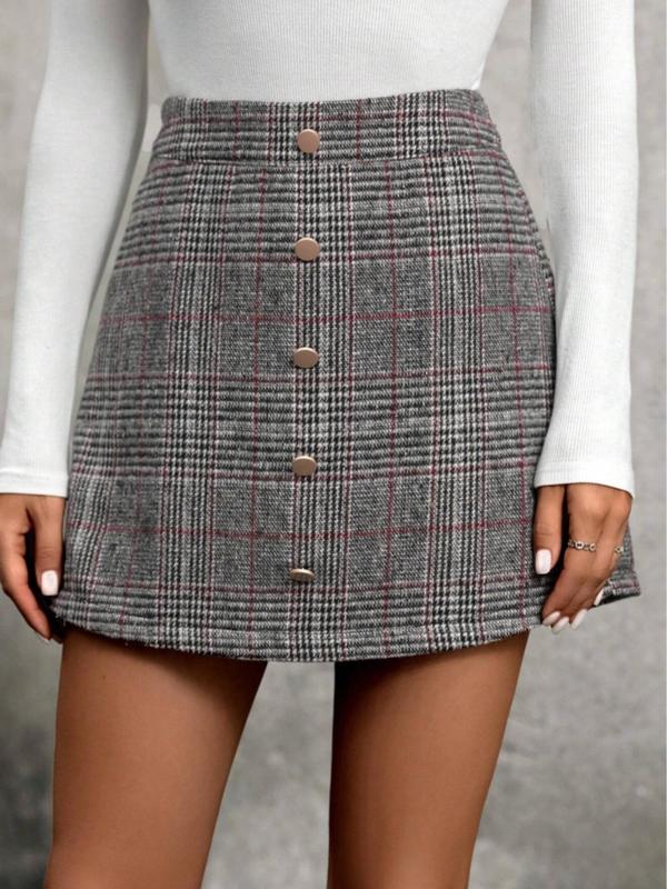 Women's Plaid Print 2 in 1 Button Front Skirt, Casual High Waist A Line Skirt for Fall & Winter, Women's Clothing for Daily Wear