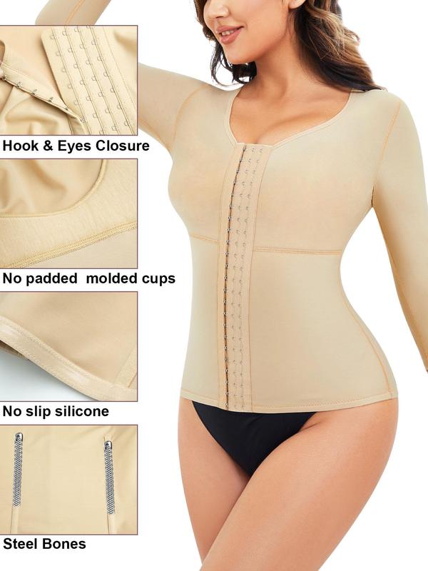 Women's Solid Color Hook & Eye Front Shapewear Top, High Stretch Tummy Control Shaper, Tummy Tuck Shaper, Women's Shapewear for All Seasons