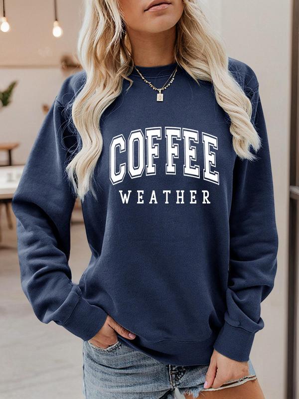 Women's Letter Print Drop Shoulder Thermal Lined Sweatshirt, Sweatshirts for Women, Casual Long Sleeve Round Neck Pullover for Fall & Winter, Ladies Clothes for Daily Wear