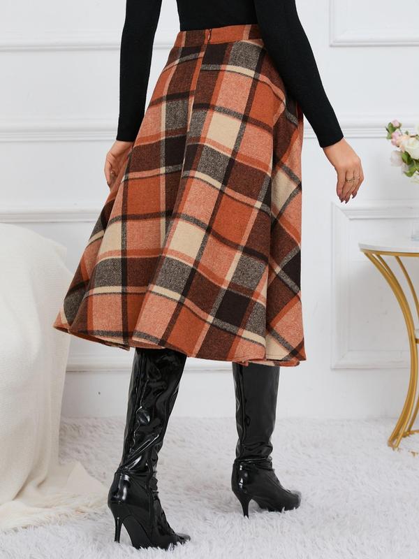 Women's Plaid Print Zipper A Line Skirt, Casual Fashionable Midi Skirt for Daily Outdoor Wear, Women's Bottoms for Fall & Winter, Going Out Bottoms, Winter Clothes Women, Fall Clothing Women, Skirts for Women Plaid Skirt