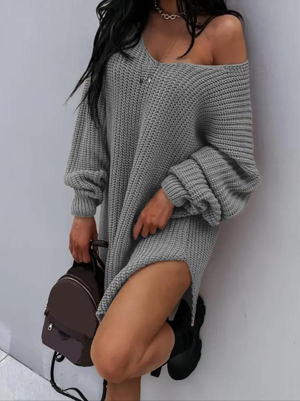 Women's Plain One Shoulder Split Thigh Sweater Dress, Fall Sweaters for Women, Casual Drop Shoulder Long Sleeve Jumper for Fall & Winter, Fall Clothes, Women's Knitwear for Daily Wear, Fall Outfits