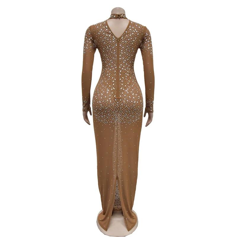 New Women Long Sleeve O Neck Bodycon Sheer Mesh Diamonds Long Sexy Party Dresses Big Rhinestone Night Club Elegant Evening Dress