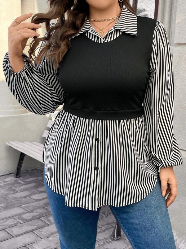  2 in 1 Striped Patchwork Print Button Front Blouse, Casual Bishop Sleeve Collared Top for Fall & Winter, Women's Long Sleeve Clothes for Daily Wear Comfy Mom Outfits 2024