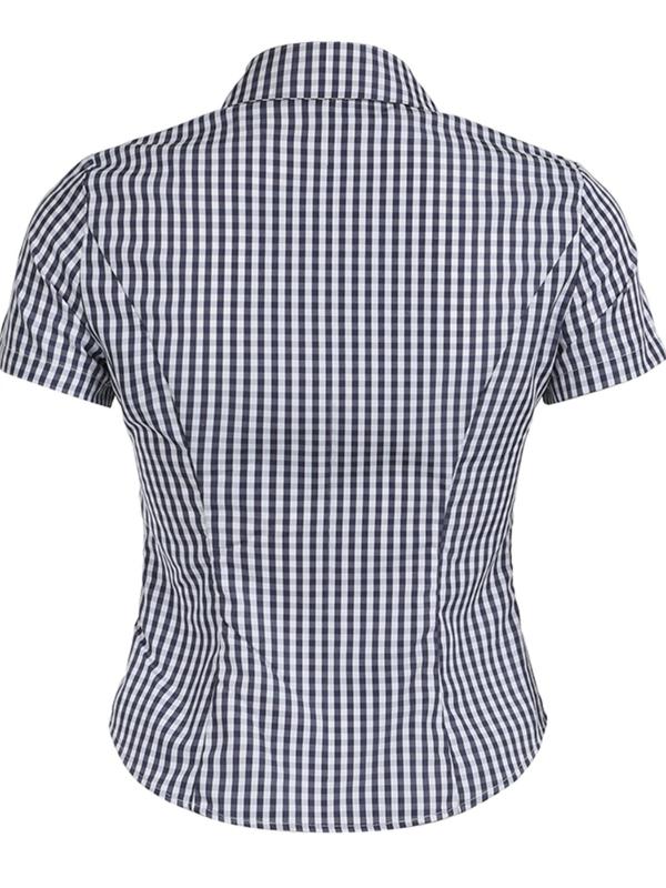 Women's Plaid Print Button Front Curved Hem Shirt, Casual Short Sleeve Collared Top for Summer, Fashion Women's Top for Daily Wear Downtown Girl Clothes