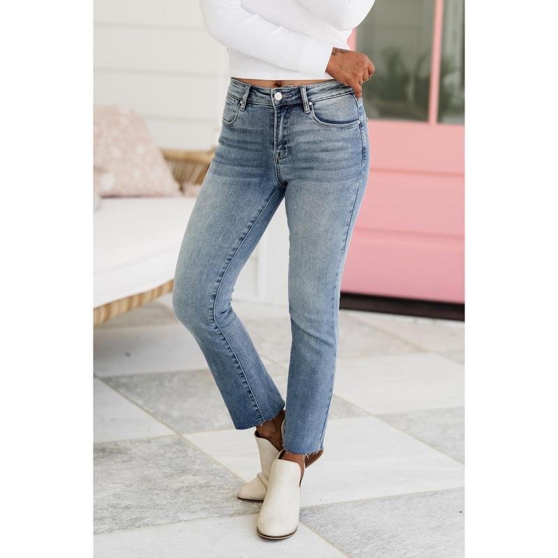 Risen Your Bestie High Rise Medium Wash Raw Edge Hem Straight Leg Jeans