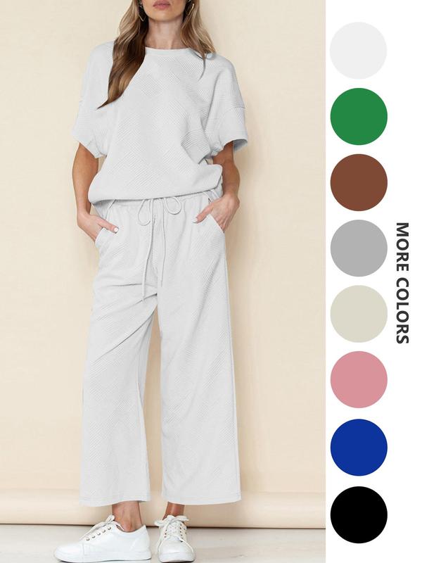 Two-Piece Set Women's Solid Textured Wide Leg Pants Set, Casual Drop Shoulder Tee & Drawstring Waist Pants, Vacation Outfits Sets, Summer Outfits Clothes Set for Ladies Outdoor Holiday