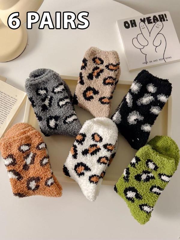 Women's Leopard-Print Mid-calf Socks, Casual Soft Comfy Thermal Socks for Fall & Winter, Women's Socks for Daily Wear