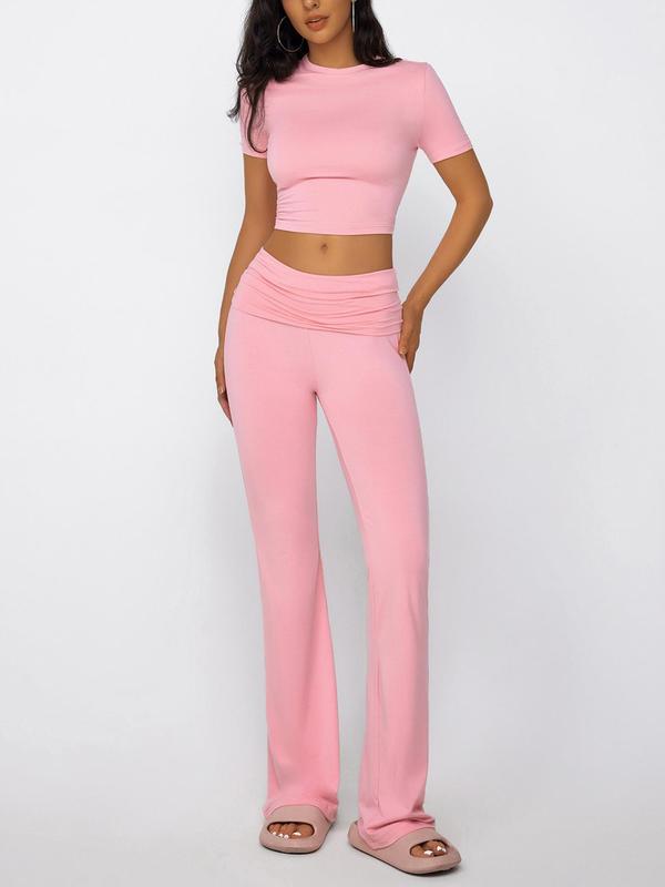 Two-piece Set Women's Solid Crop Tee & High Waist Flare Leg Pants Two-piece Set, Casual Short Sleeve Round Neck Tee & Bell Bottom Trousers for Summer, Vacation Sets, Summer Sets, Summer Outfits 2024 Sets, Ladies Clothes for Daily Wear, Girl Clothes