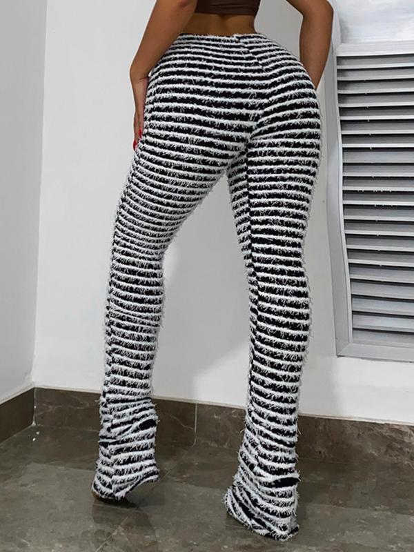 Women's Striped Print Fuzzy  Skinny Pants, Casual Comfy Trousers for Fall & Winter, Women's Bottoms for Daily Wear