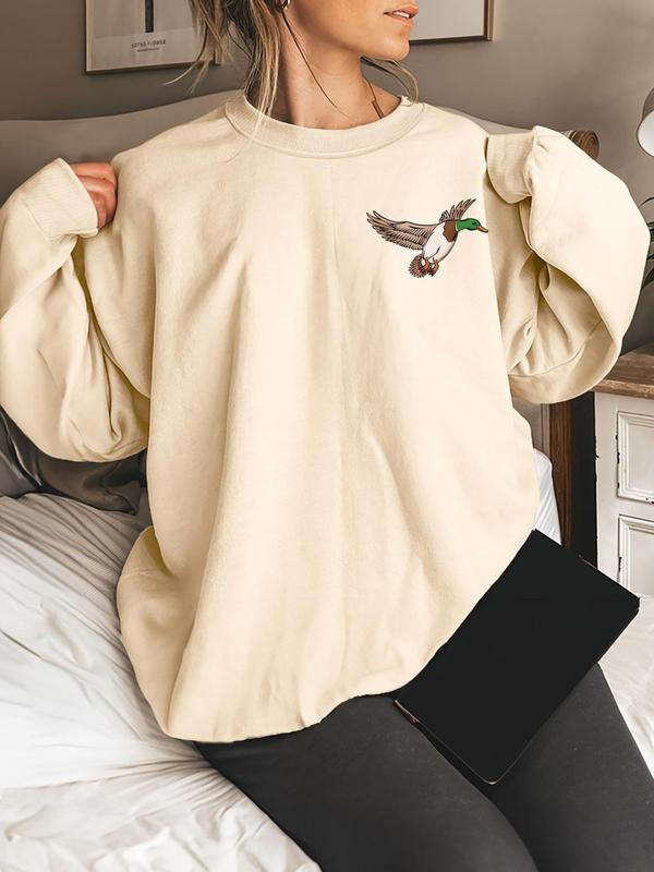 Women's Cartoon Duck Graphic Print Crew Neck Sweatshirt, Fall Clothes, Casual Fashion Drop Shoulder Long Sleeve Pullover for Daily Wear, Tiktop Shop, Ladies Fall & Winter Clothes, Fall Outfits, Fallfreshness Clothes, Fall Clothes