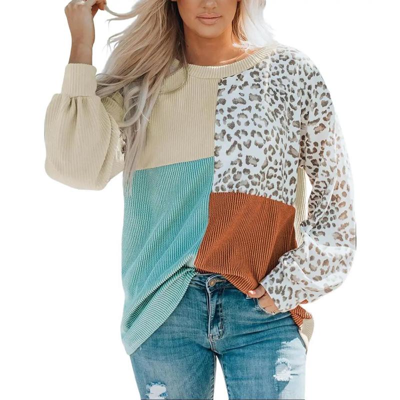 Leopard Patchwork Color Block Ribbed Long Sleeve Tops Shirts Womenswear