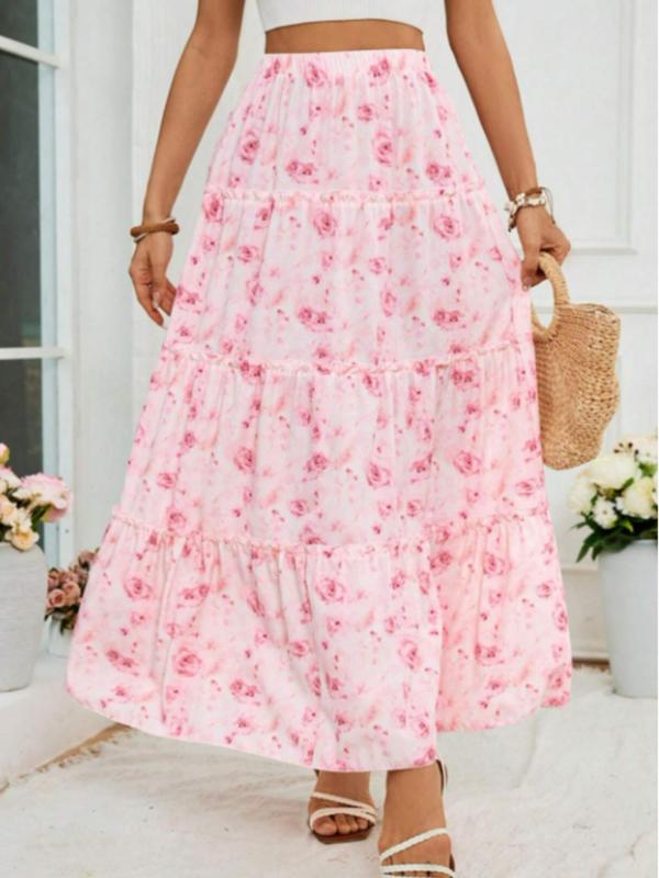 Women's Floral Print Frill Trim Ruffle Hem A Line Skirt, Boho Fashion High Waist Long Skirt for Daily Holiday Vacation Wear, Ladies Bottoms for All Seasons