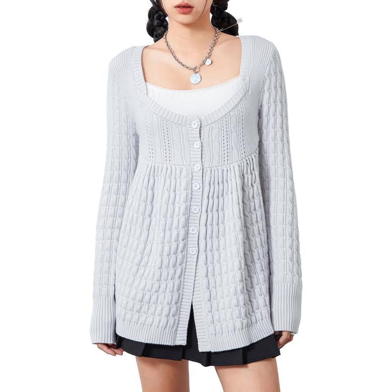 Women's Square Neck Cardigan Cable Knit Single Breasted Cardigan Sweater Long Sleeve Casual