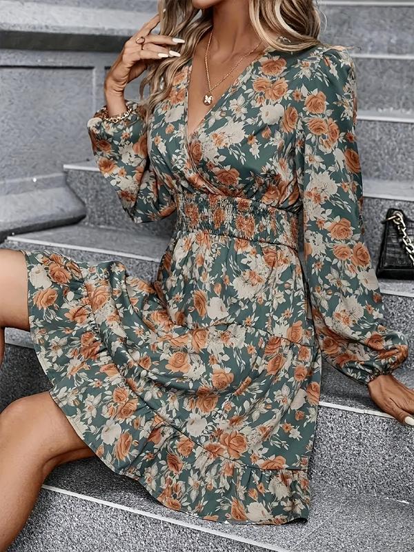 Women's Floral Print Lantern Sleeve Shirred Wrap A Line Dress, Elegant V Neck Long Sleeve Ruffle Hem Knee Length Dress for Spring & Fall, Women's Clothing for Daily Wear