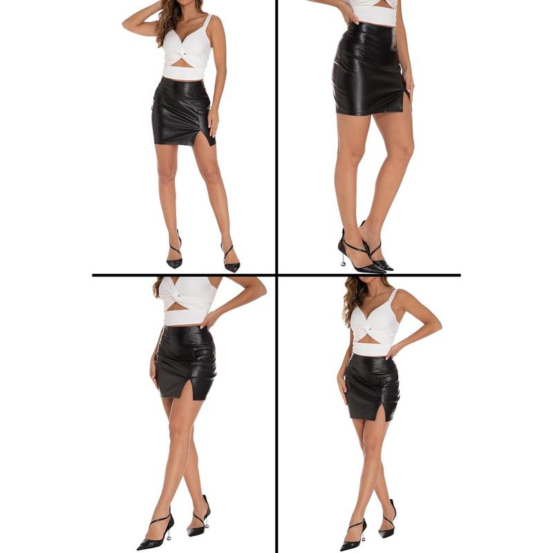 Womens leather skirt high waisted stretchy slit faux leather bodycon party mini skirts