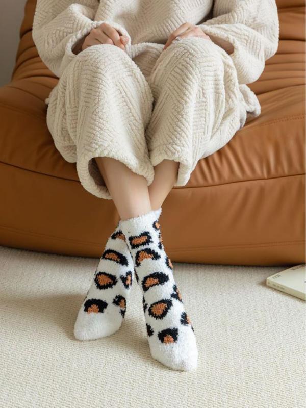 Women's Leopard-Print Mid-calf Socks, Casual Soft Comfy Thermal Socks for Fall & Winter, Women's Socks for Daily Wear