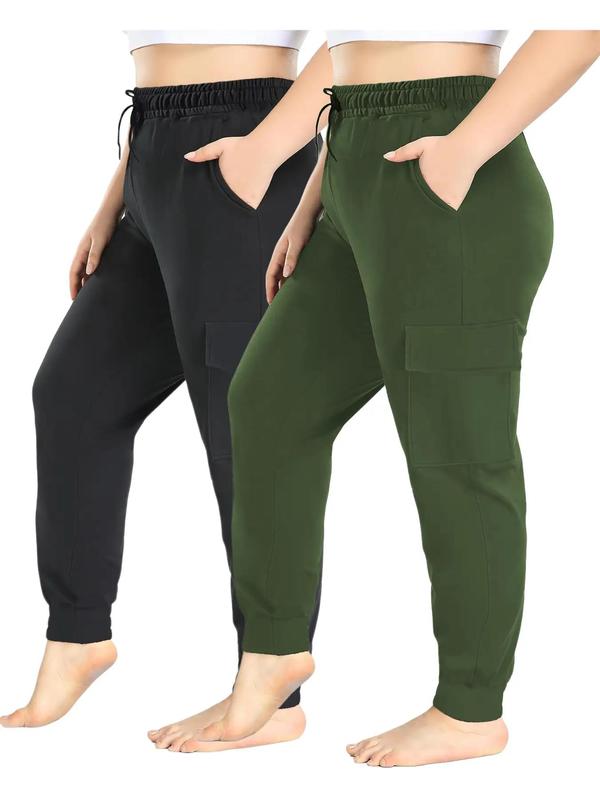  Solid Drawstring Waist Cargo Pants, Casual Pocket Trousers for Women, Women's Bottoms for Fall & Winter