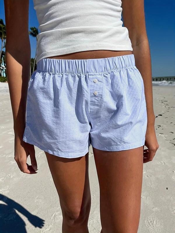 Women's Striped Button Elastic Waist Bloomer Shorts, Casual Comfy Shorts for Summer, Fashion Women's Bottoms for Daily Wear