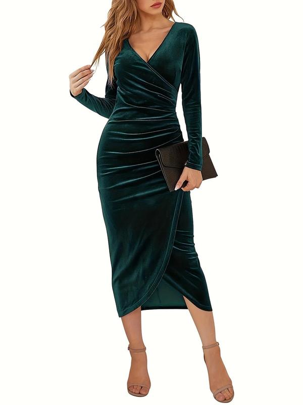 Women's Plain Ruched Wrap V Neck Bodycon Dress, Elegant Long Sleeve Midi Dress for Evening Party, Ladies Clothes for All Seasons