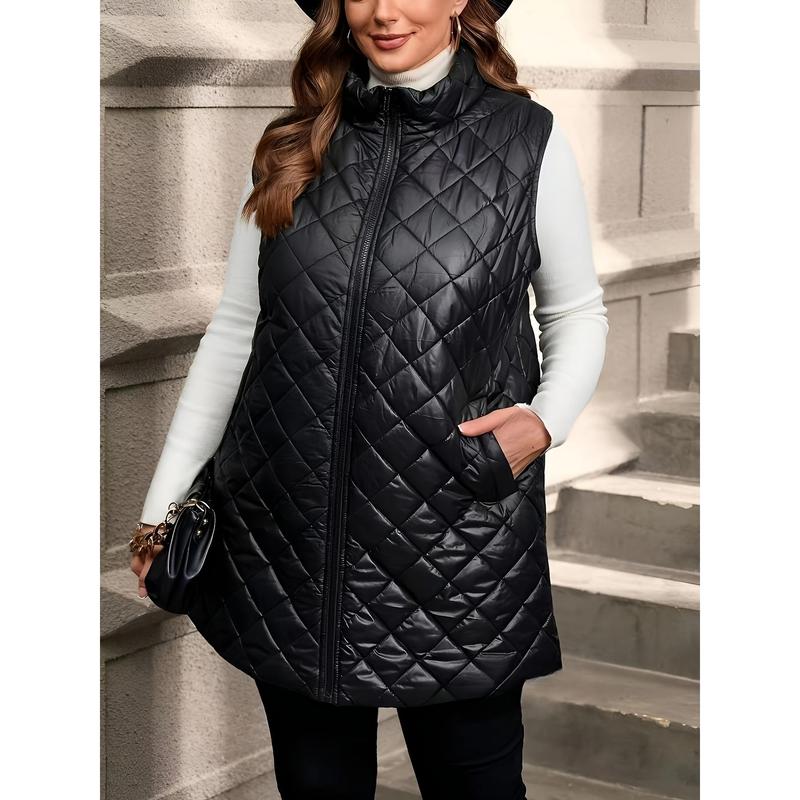 Plus size quilted puffer vest jacket with pockets, front zip, mandarin neck-casual polyester non-stretch solid winter outerwear