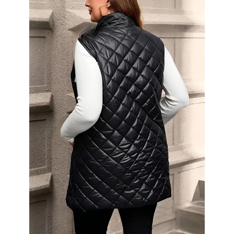 Plus size quilted puffer vest jacket with pockets, front zip, mandarin neck-casual polyester non-stretch solid winter outerwear