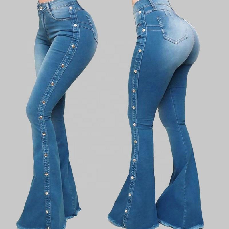 High Waist Stretchy Full Length Boot Cut Lady Bell Bottoms Women Flare Pants With Rivet latinajeans latinaspants 2000slowriseflarejeans forbiddenpants13 Plain Preppy starchedjeans