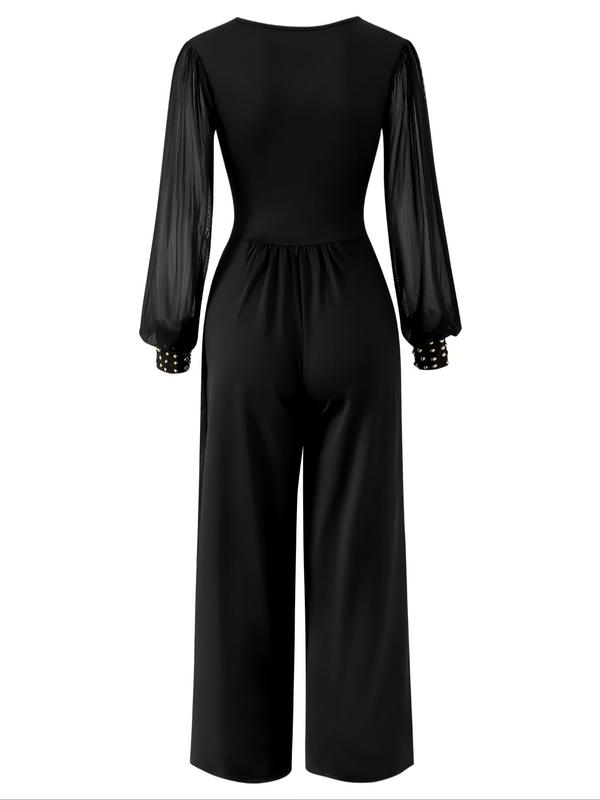 Women's Plain Sheer Wide Leg Tulle Jumpsuit, Elegant Deep V Neck Bishop Sleeve Contrast Mesh Jumpsuit for Party Holiday Vacation, Ladies Summer Clothes