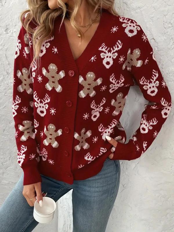 Women's Christmas Themed Button Front Sweater Cardigan, Elegant Long Sleeve V Neck Cardigan Sweater for Fall & Winter, Women's Knit Clothing for Daily Wear