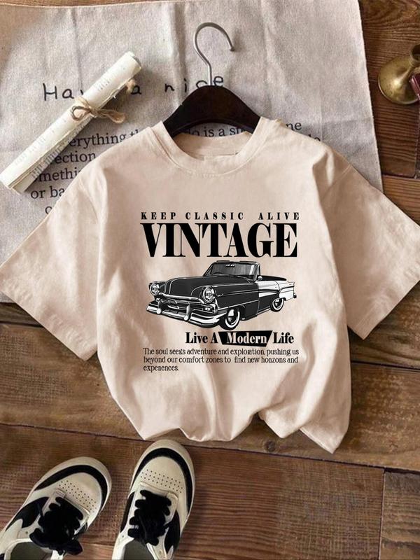 Women's Vintage Car & Letter Print Round Neck Tee, Casual Short Sleeve Crew Neck T-shirt for Summer, T Shirts for Women, Fashion Women's Top for Daily Wear