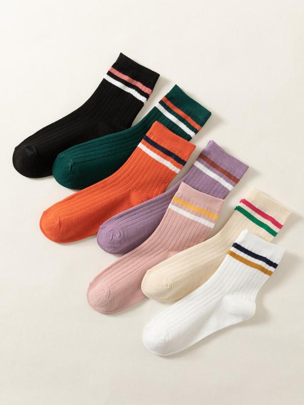 Women's 7 Pairs Contrast Stripes Print Crew Socks, Casual Comfort Moisture Wicking Socks for Lady, Soft Comfy Breathable Sporty Socks for All Seasons Daily Wear, Womenswear