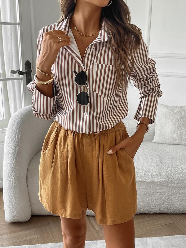 Women's Striped Print Button Front Shirt, Elegant Long Sleeve Collared Top for Work Office Business, Ladies Clothes for All Seasons