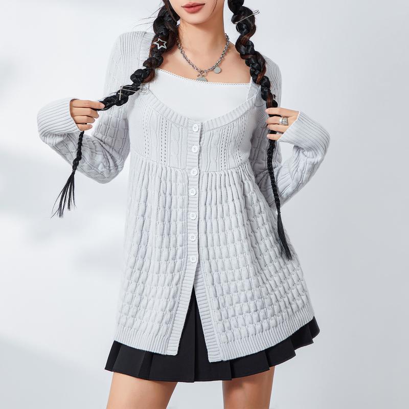 Women's Square Neck Cardigan Cable Knit Single Breasted Cardigan Sweater Long Sleeve Casual