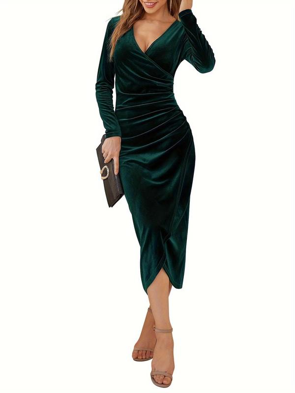 Women's Plain Ruched Wrap V Neck Bodycon Dress, Elegant Long Sleeve Midi Dress for Evening Party, Ladies Clothes for All Seasons