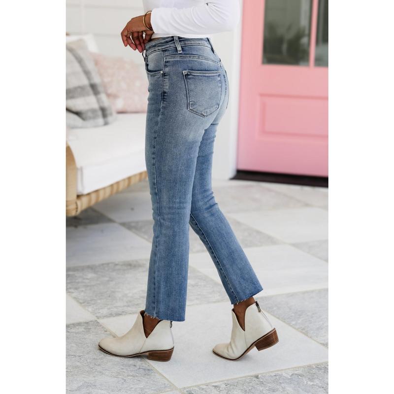 Risen Your Bestie High Rise Medium Wash Raw Edge Hem Straight Leg Jeans