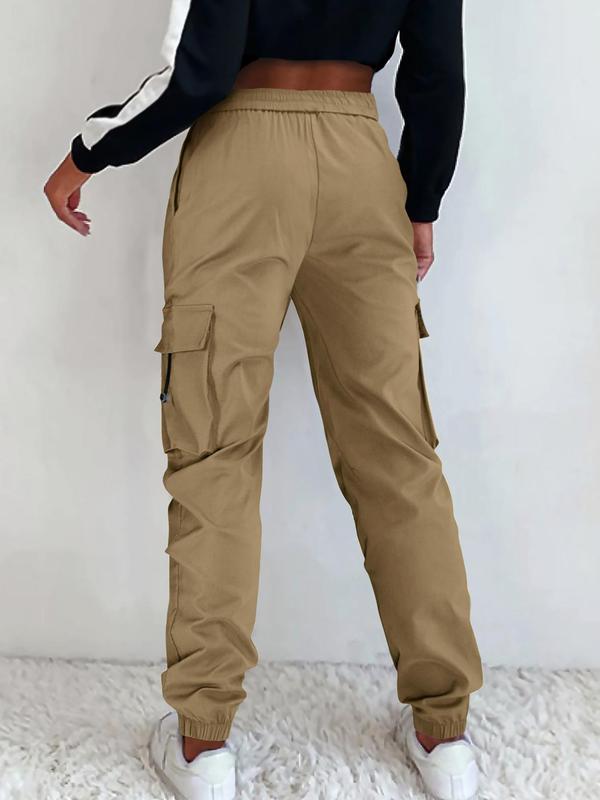 Women's Plain Drawstring Waist Cargo Pants, Casual Pocket Jogger Pants for Women, Women's Trousers for All Seasons