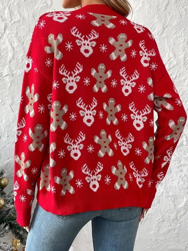 Women's Christmas Themed Button Front Sweater Cardigan, Elegant Long Sleeve V Neck Cardigan Sweater for Fall & Winter, Women's Knit Clothing for Daily Wear