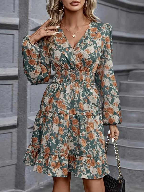 Women's Floral Print Lantern Sleeve Shirred Wrap A Line Dress, Elegant V Neck Long Sleeve Ruffle Hem Knee Length Dress for Spring & Fall, Women's Clothing for Daily Wear