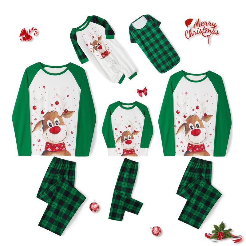 Family Matching Christmas Pajamas Sets Xmas Pj's Clothes Long Sleeve Elk Print Tops + Plaid Pants or Long Sleeve Patchwork Jumpsuit Sleepwear & Loungewear