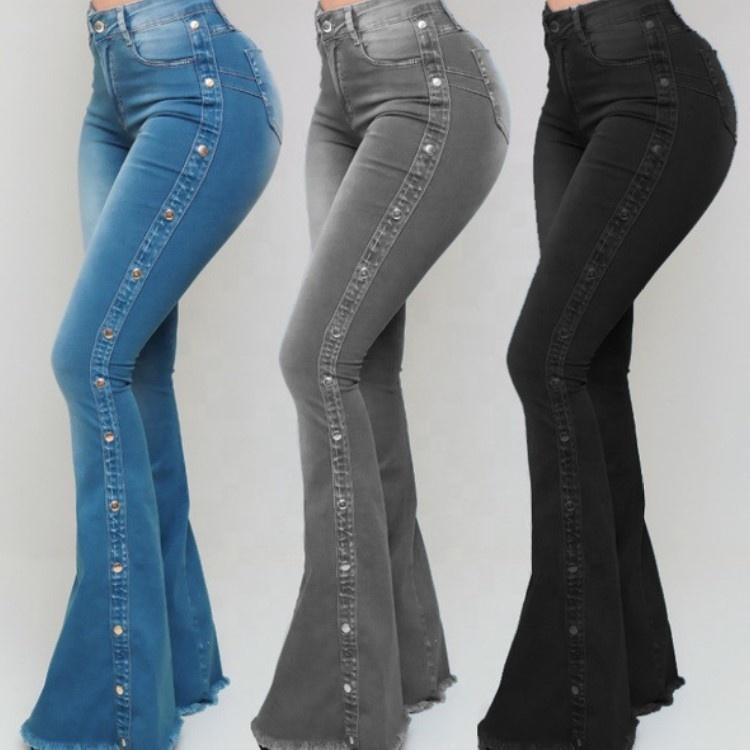 High Waist Stretchy Full Length Boot Cut Lady Bell Bottoms Women Flare Pants With Rivet latinajeans latinaspants 2000slowriseflarejeans forbiddenpants13 Plain Preppy starchedjeans